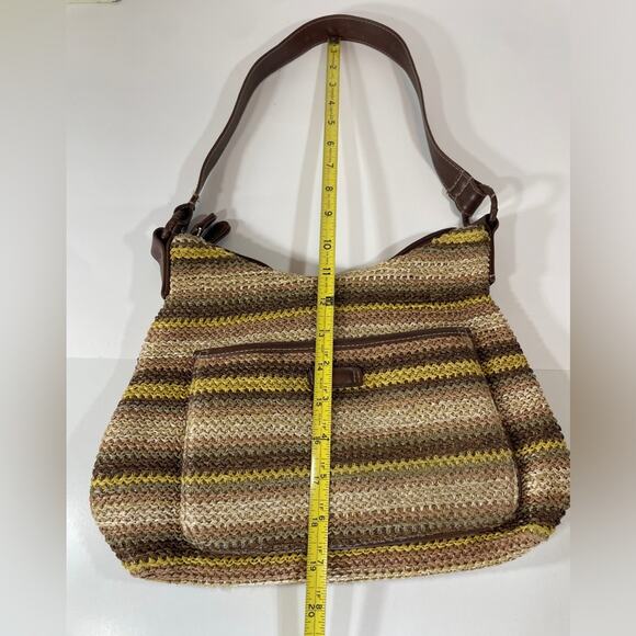 Straw Stripes Bag Brown Yellow with Leather like straps - Picture 7 of 14
